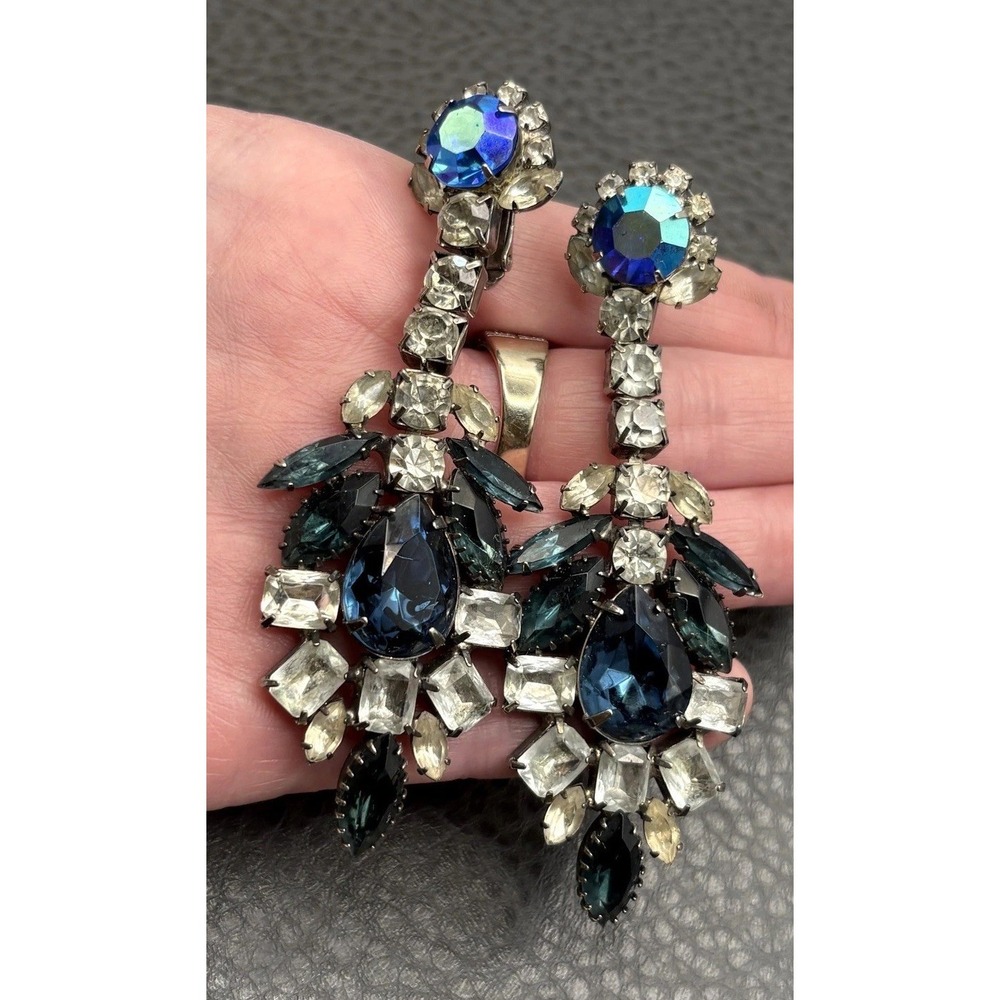 Vintage HUGE Dauplaise 3.5" Dangle Blue Rhinestone Chandelier Clip On Earrings